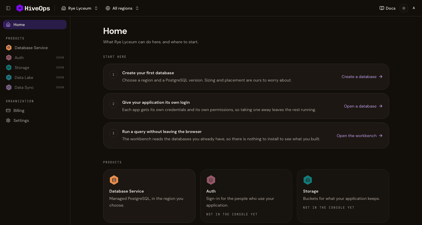 The HiveOps console's home page: three steps to start, and the platform's products