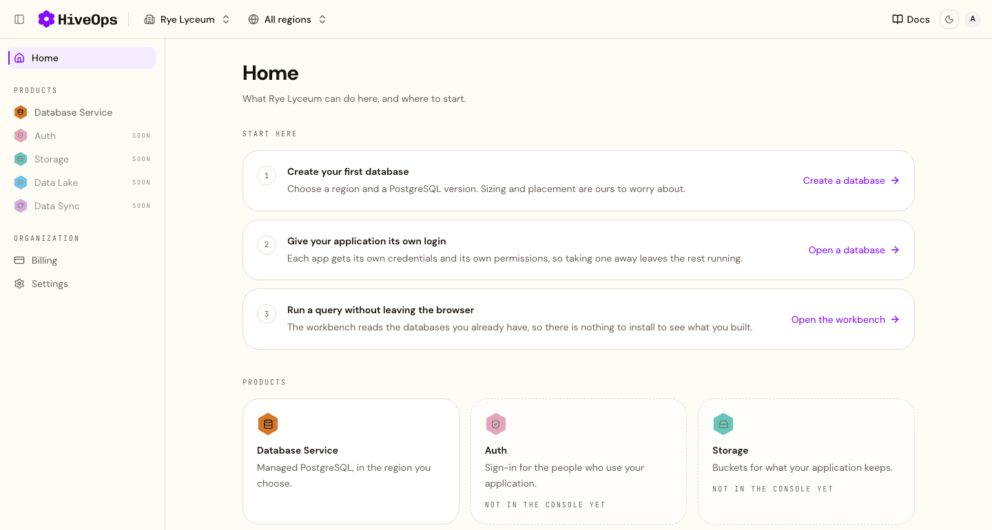 The HiveOps console's home page: three steps to start, and the platform's products